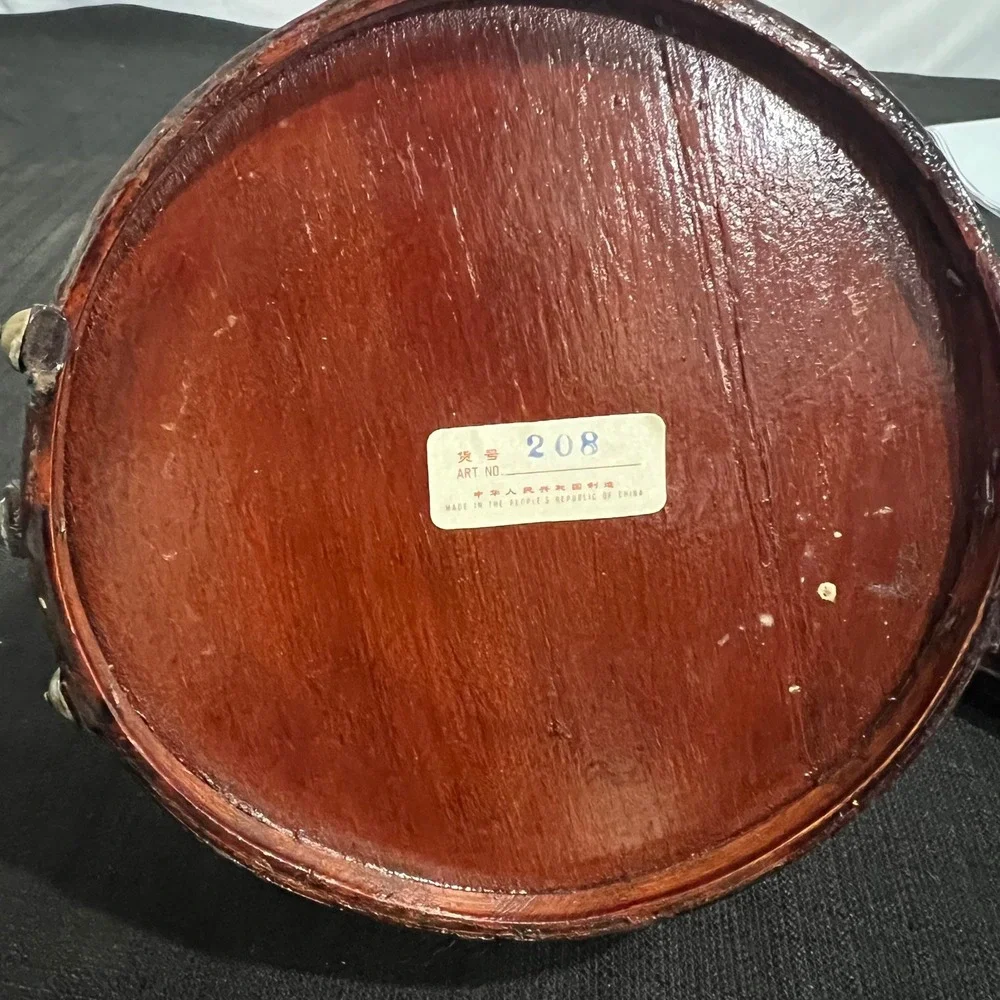 Vintage Chinese Woven Bamboo Wedding Basket Round Lacquered Wood Brass‎ Art 208